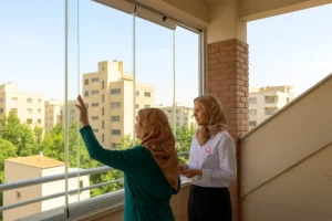 شیشه بالکن ارزان و اقتصادی با پروفیل سفید