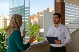 مشتری در حال خرید و مشاوره شیشه بالکن